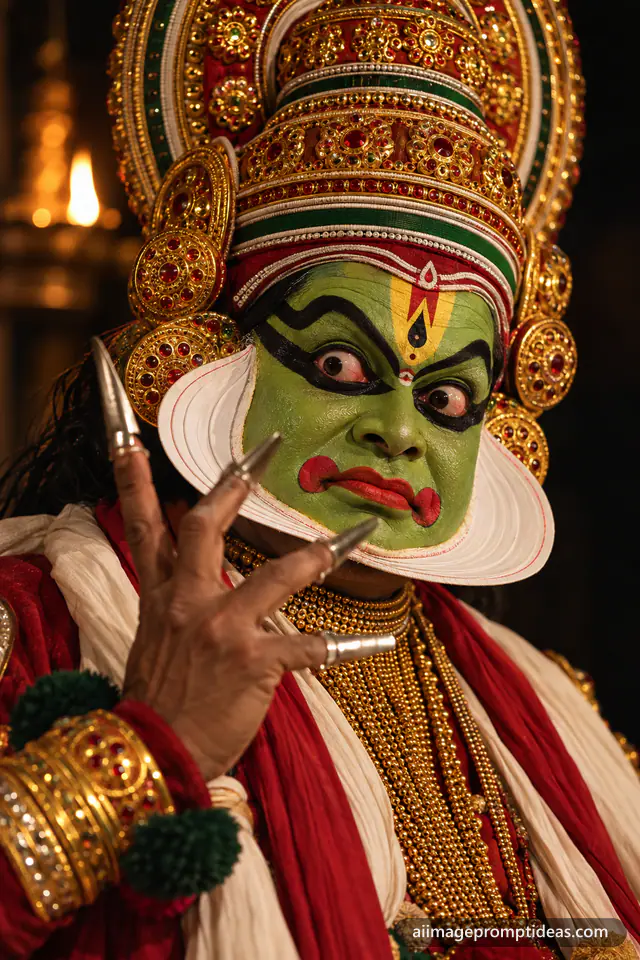 Kathakali dancer with a bright green painted face and golden crown in dramatic light, AI generated
