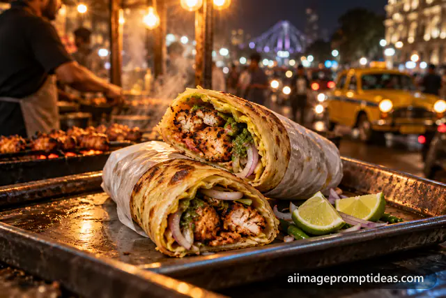 Kolkata kathi roll cut in half showing egg paratha, chicken tikka and onions at a street stall, AI generated