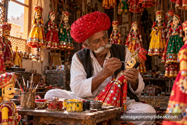 Elderly Rajasthani artisan painting a wooden kathputli puppet surrounded by hanging puppets, AI generated