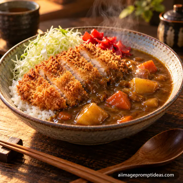 Japanese chicken katsu curry with rice in a ceramic bowl, AI generated