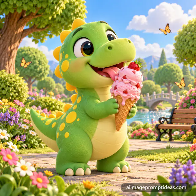 Cute 3D green dinosaur happily licking a strawberry ice cream in a sunny park, AI generated