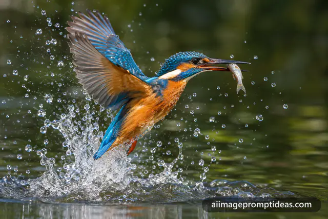 Blue and orange kingfisher bursting out of water with a fish and frozen droplets, AI generated
