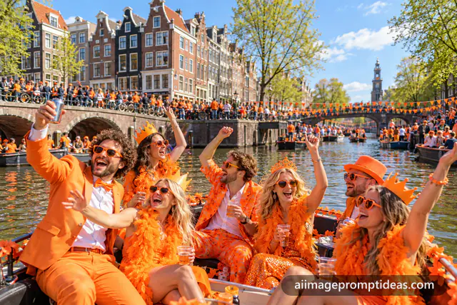 Friends in orange outfits celebrating King's Day on an Amsterdam canal boat, AI generated