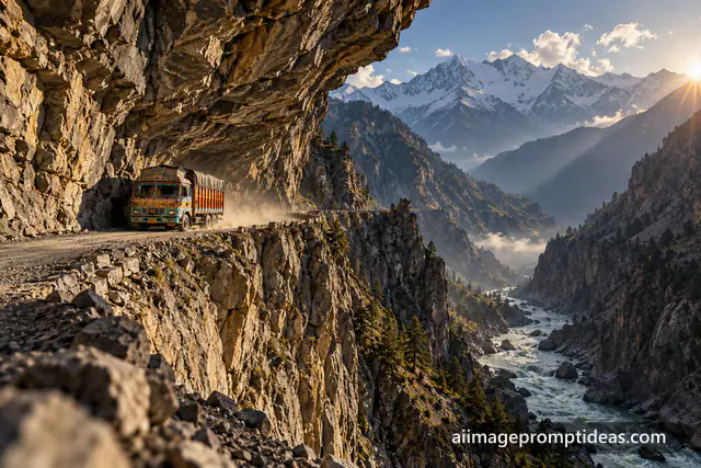 Painted truck on a narrow cliff road above a gorge in Kinnaur, AI generated
