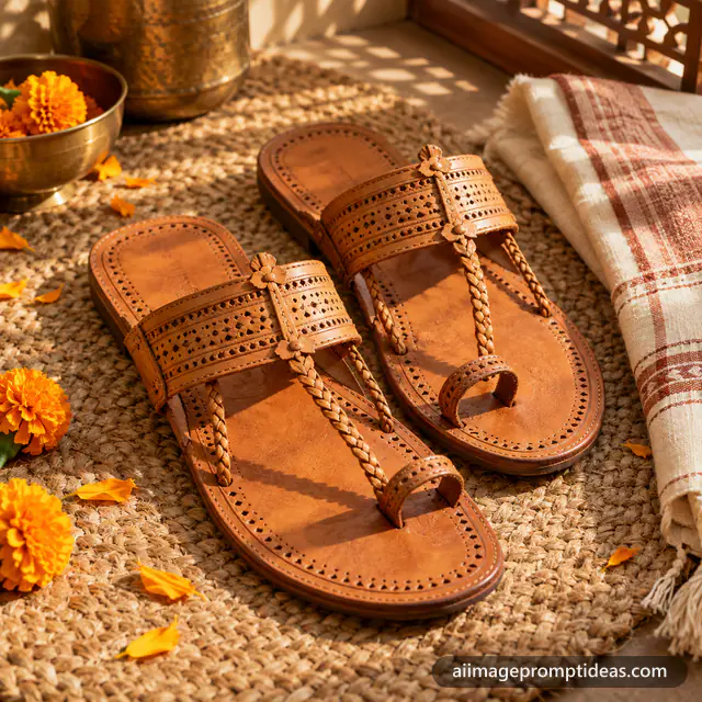 Handcrafted Kolhapuri leather chappals on a jute mat, AI generated