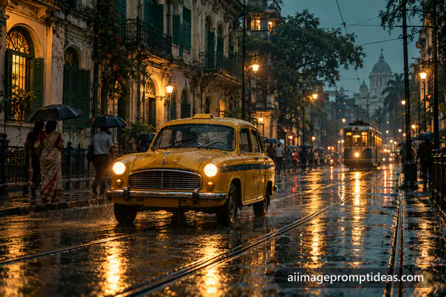 Vintage yellow Ambassador taxi on a rainy Kolkata street with tram tracks and colonial buildings, AI generated