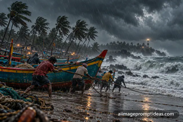 Fishing boats on the Konkan coast under a dark monsoon storm, AI generated