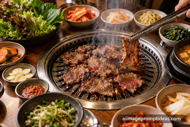 Korean BBQ table with meat sizzling on a grill surrounded by banchan side dishes, AI generated
