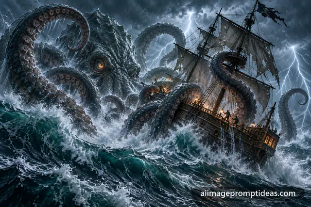 Colossal kraken wrapping tentacles around a pirate ship in a stormy sea with lightning, AI generated