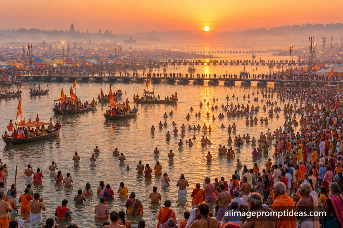 Pilgrims standing in the misty river at the Sangam during Kumbh Mela at sunrise, AI generated