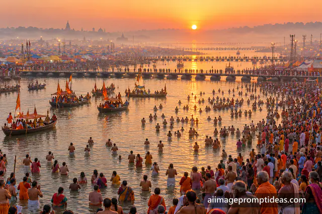 Pilgrims standing in the misty river at the Sangam during Kumbh Mela at sunrise, AI generated