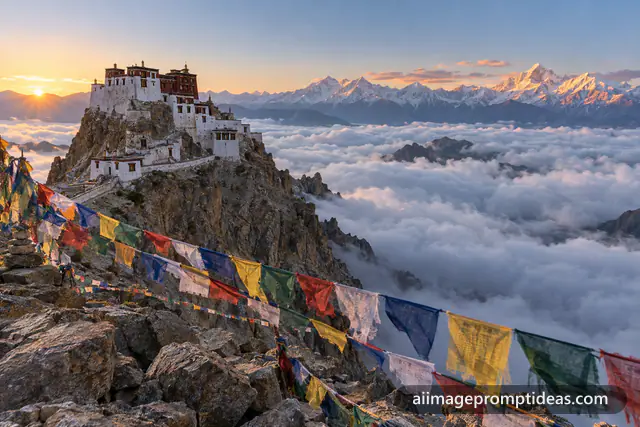 Buddhist monastery in Ladakh on a cliff above a sea of clouds with prayer flags at sunrise, AI generated