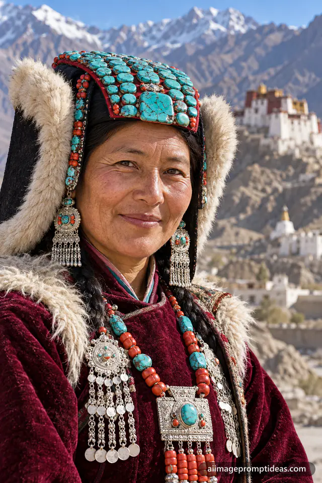 Ladakhi woman in a turquoise-studded perak headdress and maroon goncha robe, AI generated