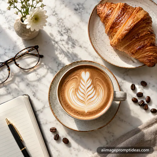 Top-down flat lay of a latte with rosetta art, a croissant, coffee beans and a notebook on marble, AI generated