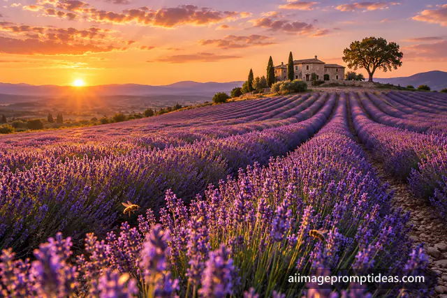 Rows of purple lavender leading to a stone farmhouse and lone tree at golden sunset, AI generated