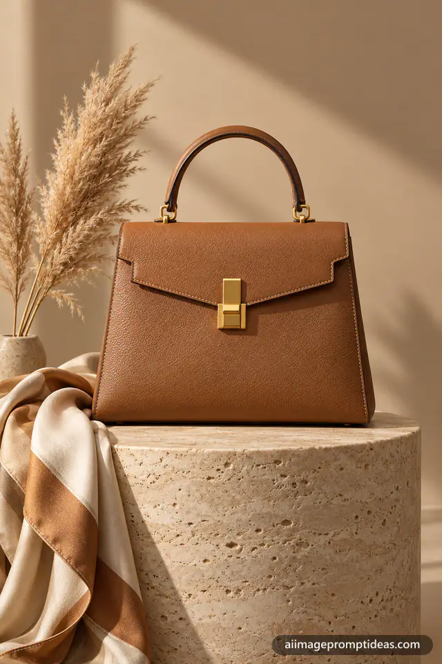Tan leather handbag with gold hardware on a travertine pedestal with pampas and a scarf, AI generated