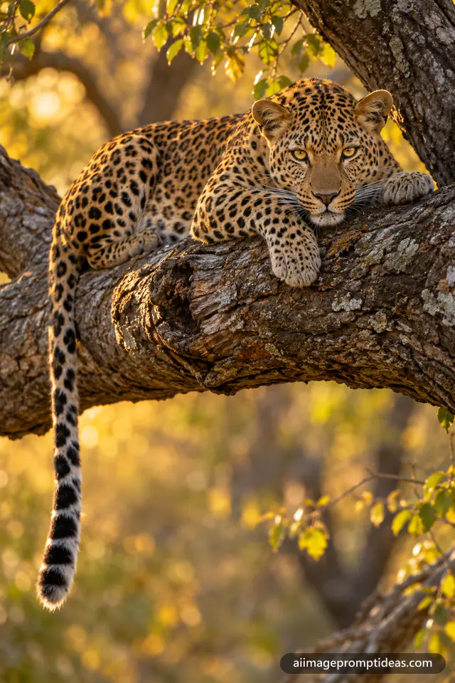 Leopard lying relaxed on a thick tree branch with its tail hanging and golden eyes, AI generated