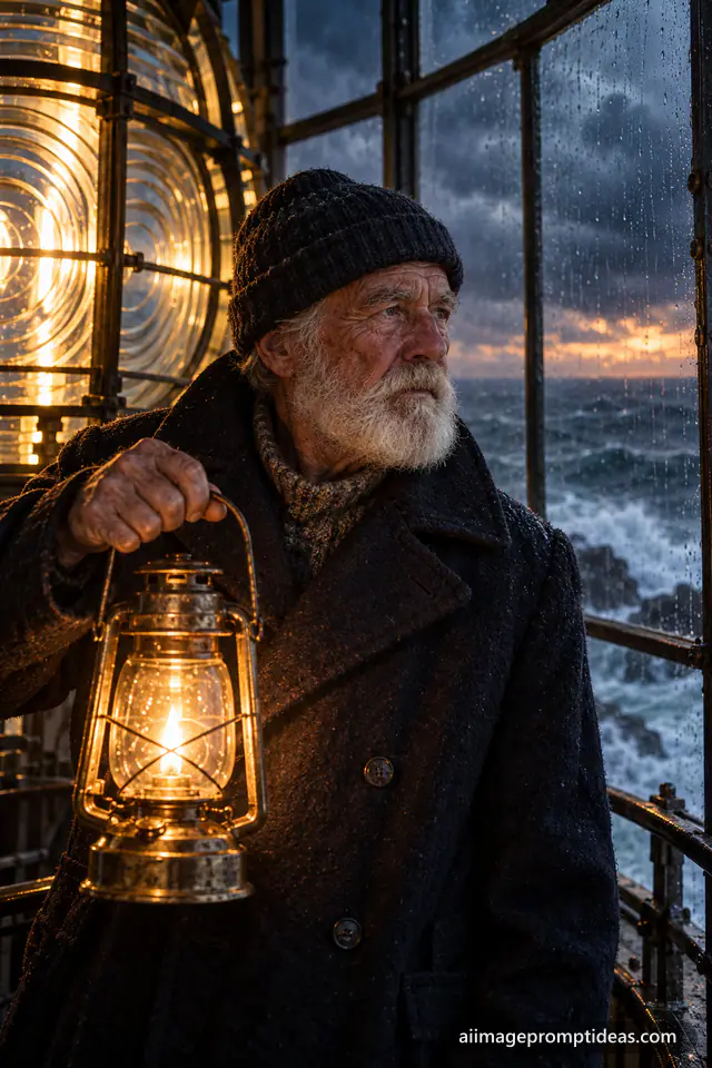 Old lighthouse keeper holding a glowing brass lantern at the top of a lighthouse in a storm, AI generated