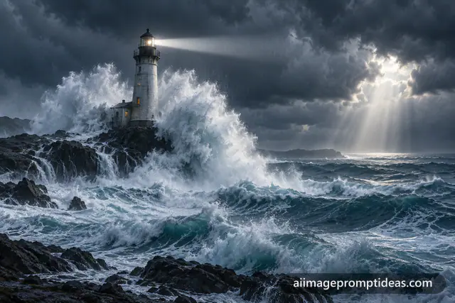 White lighthouse on rocks hit by a huge wave under dark storm clouds, AI generated