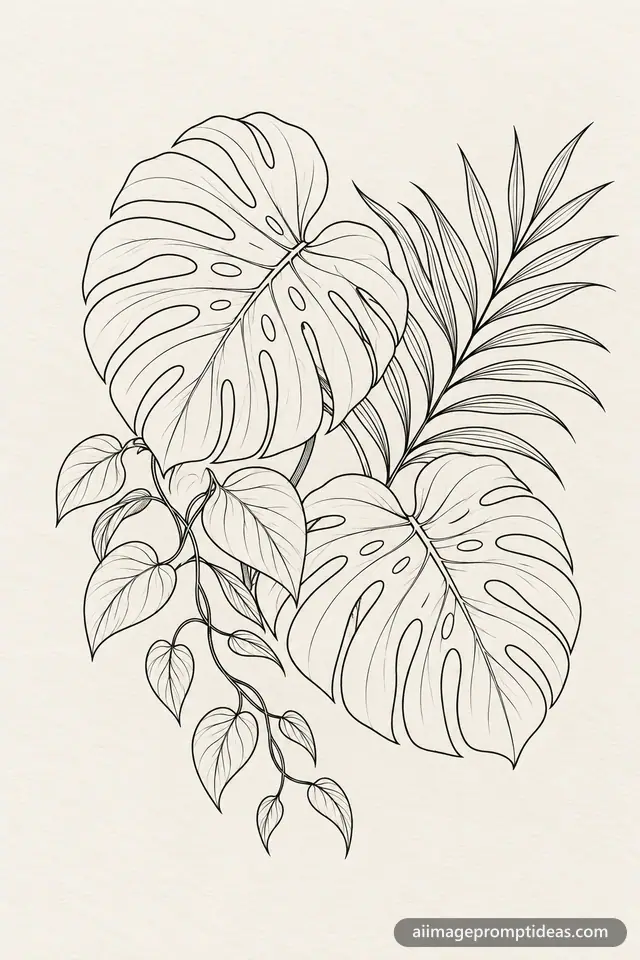 Minimal black line art of monstera and palm leaves on off-white, AI generated