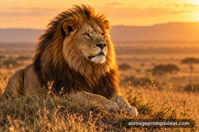 Majestic male lion with a flowing mane lying in golden savanna light, AI generated