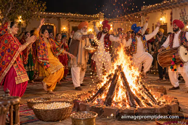 Punjabi family dancing around a Lohri bonfire at night with sparks and a dhol player, AI generated