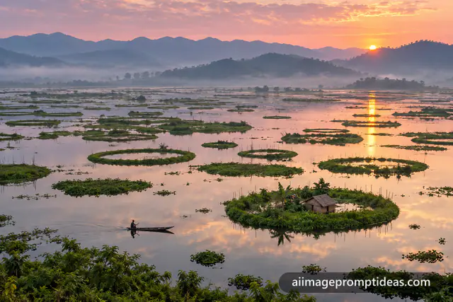 Floating phumdi islands on Loktak Lake in Manipur at dawn with a fisherman, AI generated