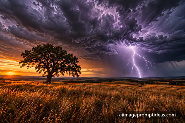 Lone tree in a golden field under a dark storm with a bright lightning bolt, AI generated