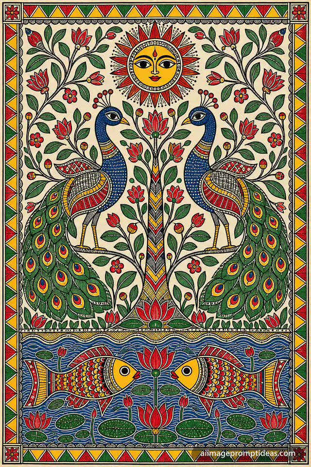 Madhubani folk painting of two peacocks, a tree of life and fish with bold patterned outlines, AI generated