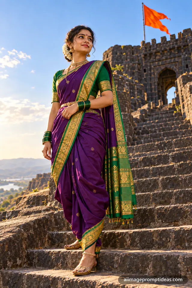 Woman in a purple Maharashtrian nauvari saree with a pearl nath standing on the steps of a stone fort, AI generated