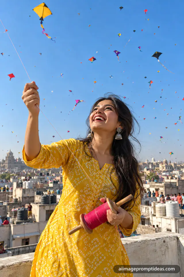 Woman in a yellow bandhani kurta flying a kite on a rooftop with colorful kites in the sky, AI generated