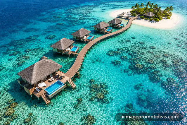 Aerial view of Maldives overwater villas along a curving boardwalk over a turquoise lagoon, AI generated