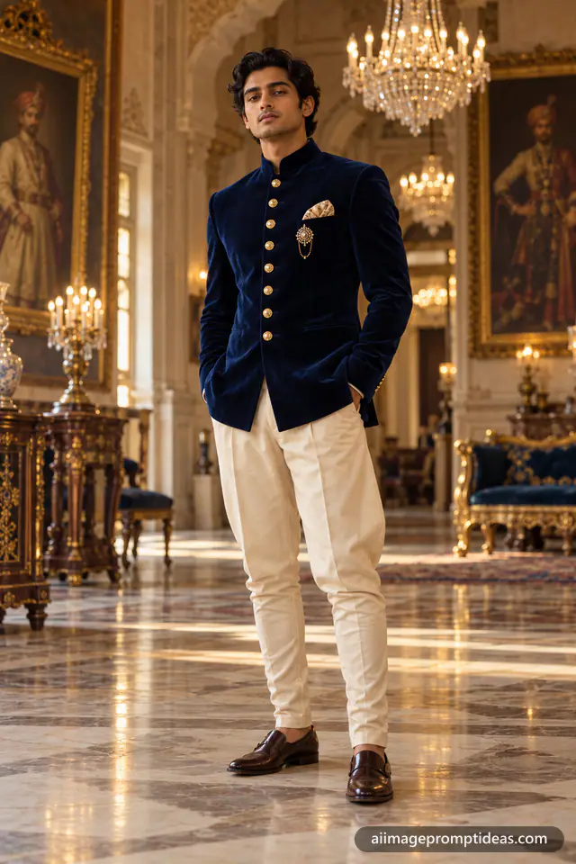 Man in a navy velvet bandhgala Jodhpuri suit in a grand palace hall with chandeliers, AI generated