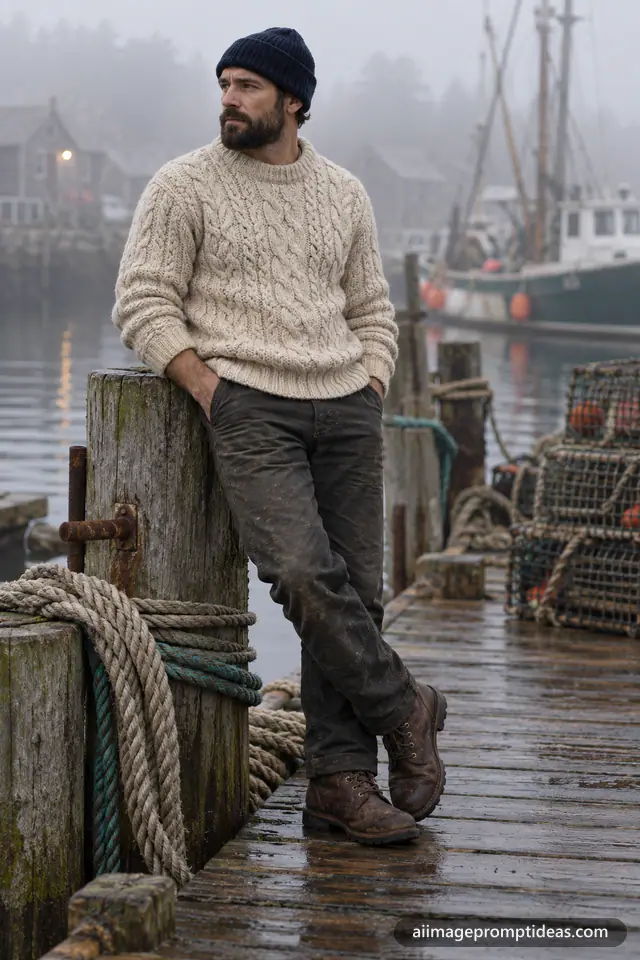 Man in an oatmeal cable-knit sweater on a misty harbor dock, AI generated