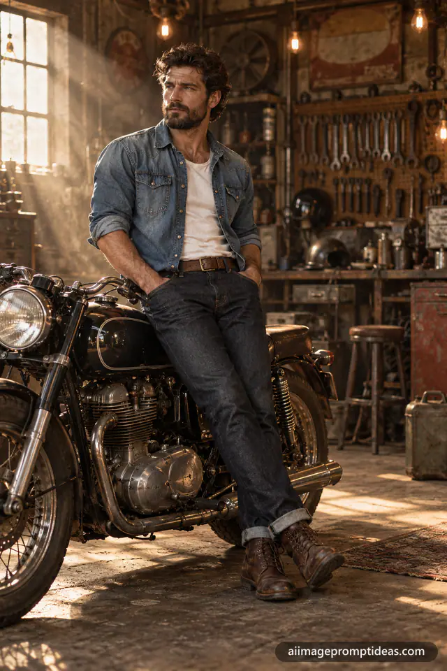 Bearded man in a double denim outfit leaning on a motorcycle in a vintage garage, AI generated