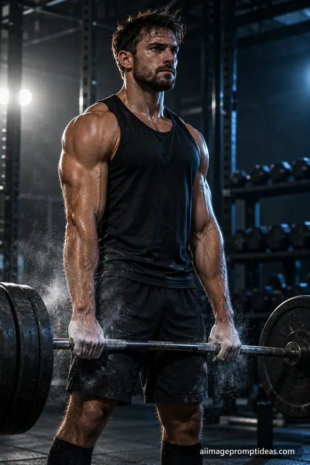 Muscular man gripping a barbell in a dark gym with dramatic rim light and chalk dust, AI generated