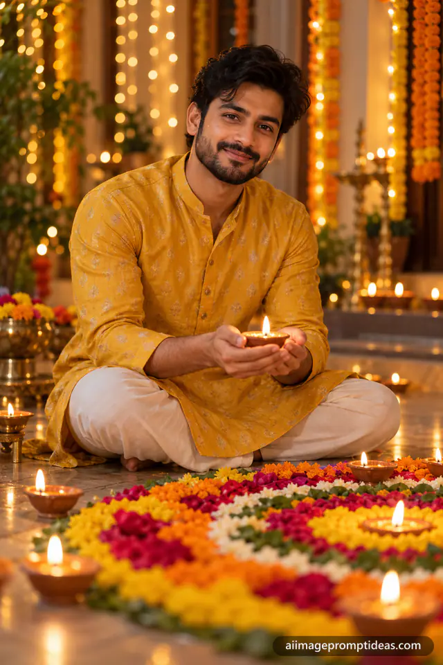 Young man in a mustard silk kurta holding a lit diya beside a rangoli with Diwali lights, AI generated