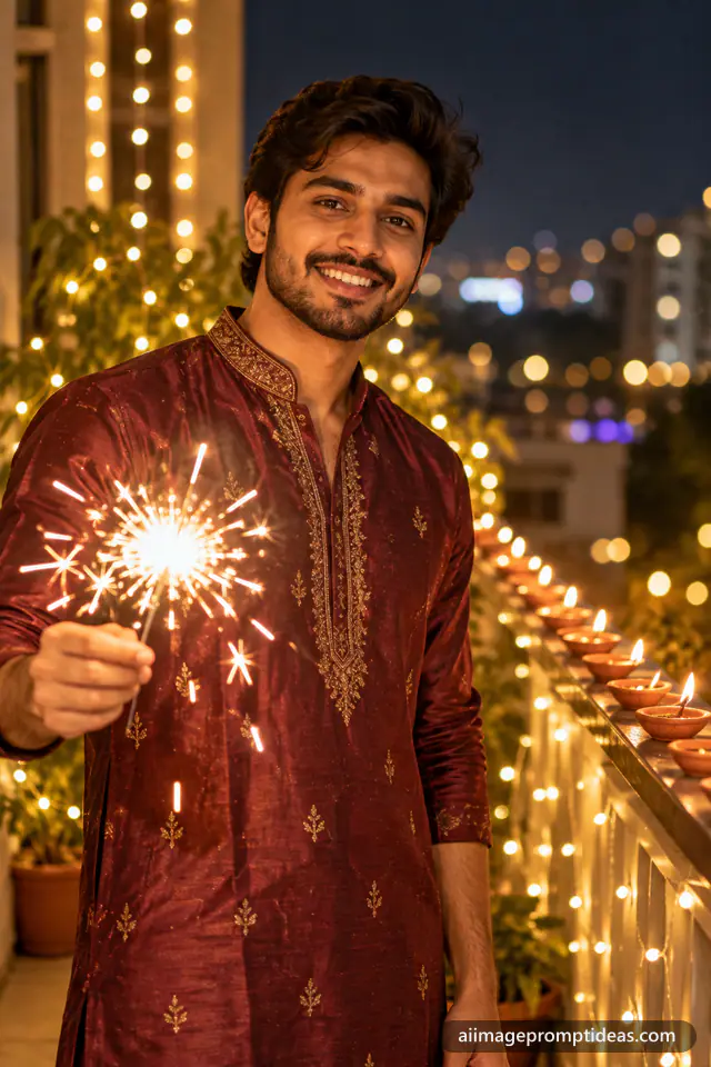 Man in a maroon silk kurta holding a glowing sparkler with diyas and fairy lights behind, AI generated