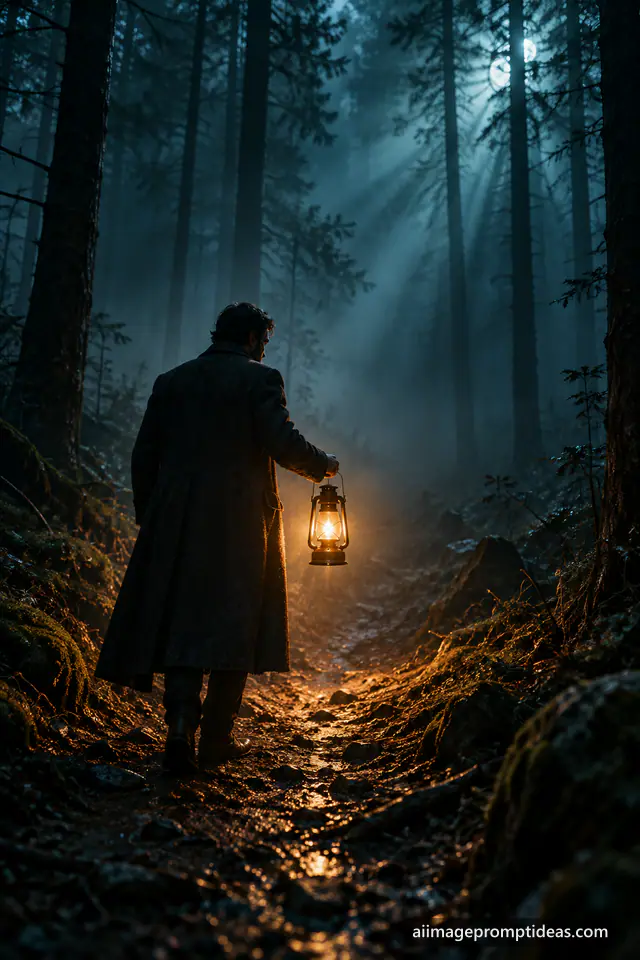 Man in a long coat holding a glowing lantern on a path in a dark foggy forest, AI generated