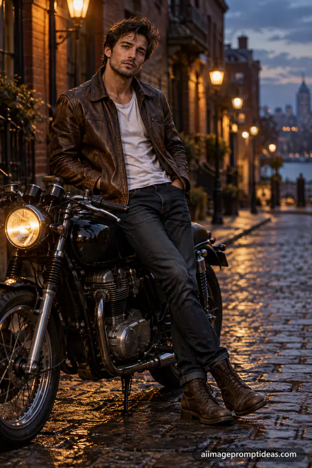 Rugged man in a brown leather jacket leaning on a black motorcycle on a street at dusk, AI generated