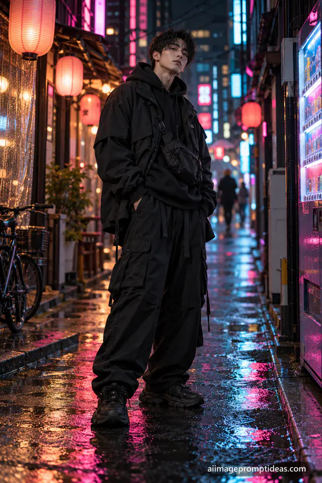 Man in all-black streetwear on a neon Tokyo side street at night, AI generated