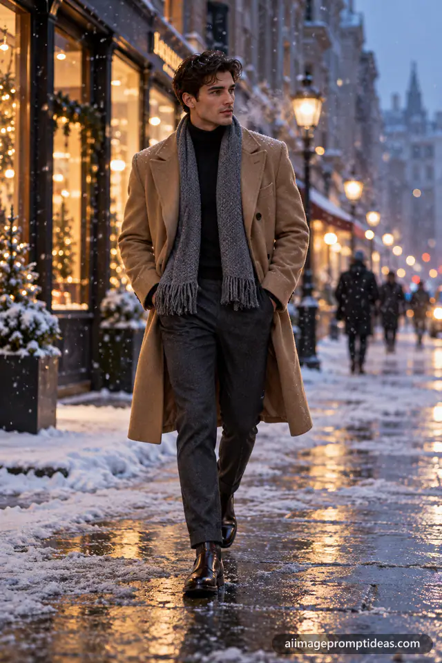 Man in a camel overcoat and turtleneck walking down a snowy city street at dusk, AI generated