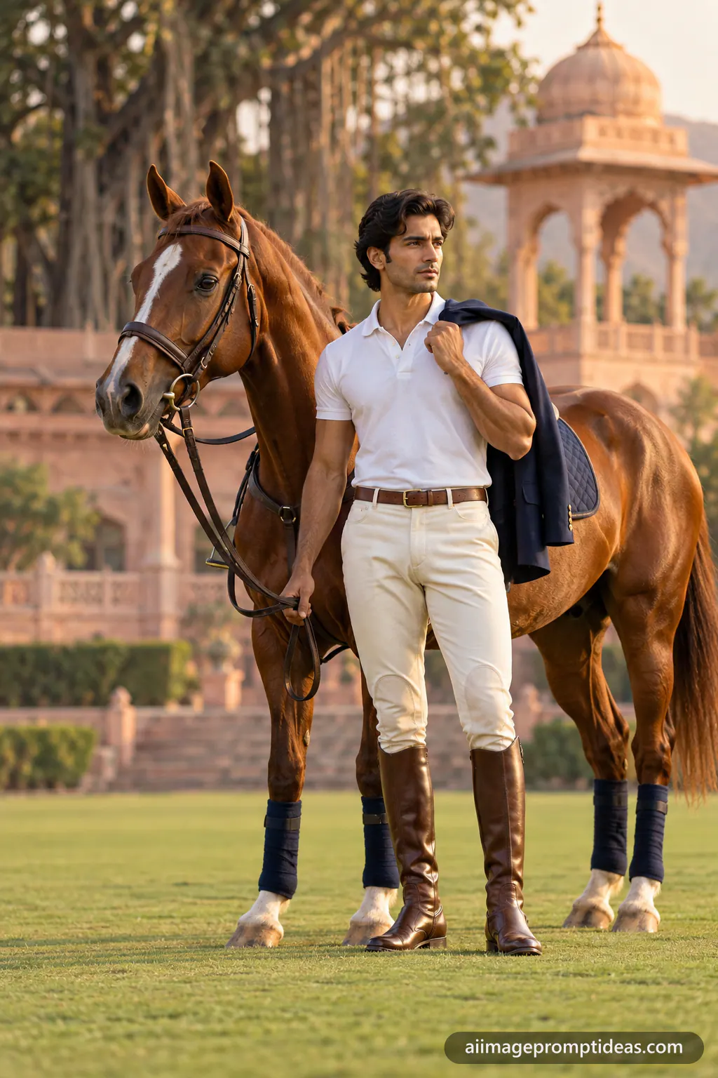 Man in cream polo jodhpurs beside a chestnut horse on a Jaipur polo ground, AI generated