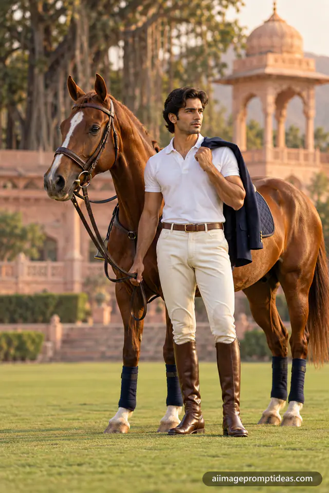 Man in cream polo jodhpurs beside a chestnut horse on a Jaipur polo ground, AI generated