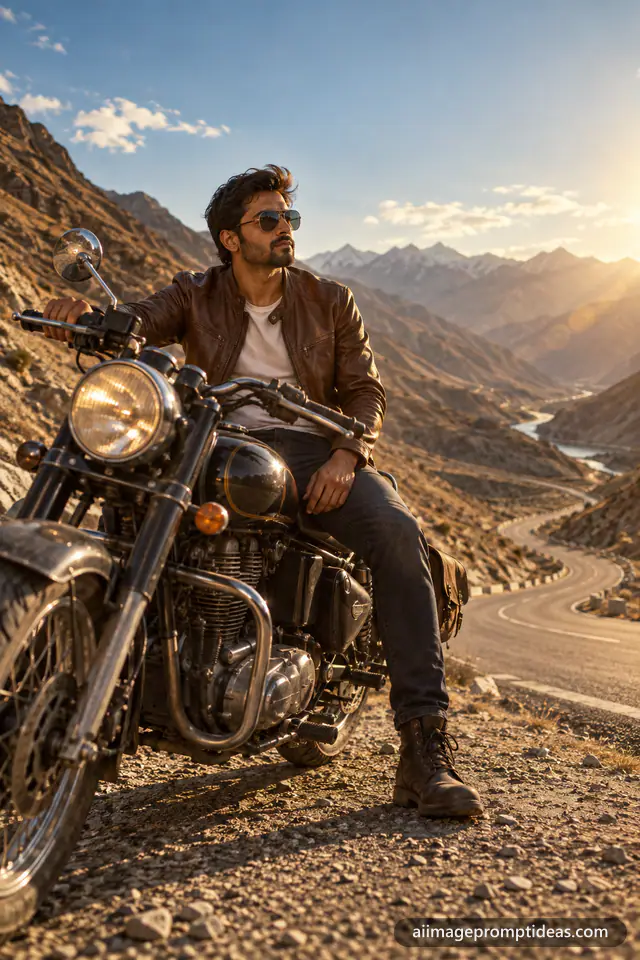 Man in aviator sunglasses and a leather jacket sitting on a black motorcycle on a mountain highway, AI generated