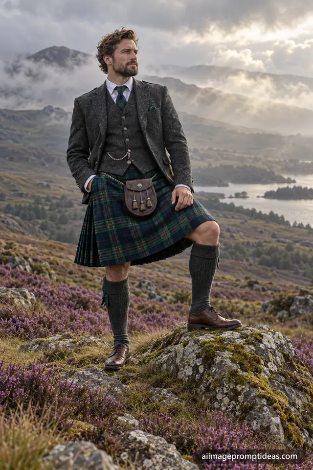 Man in a tartan kilt and tweed jacket on a misty highland moor, AI generated