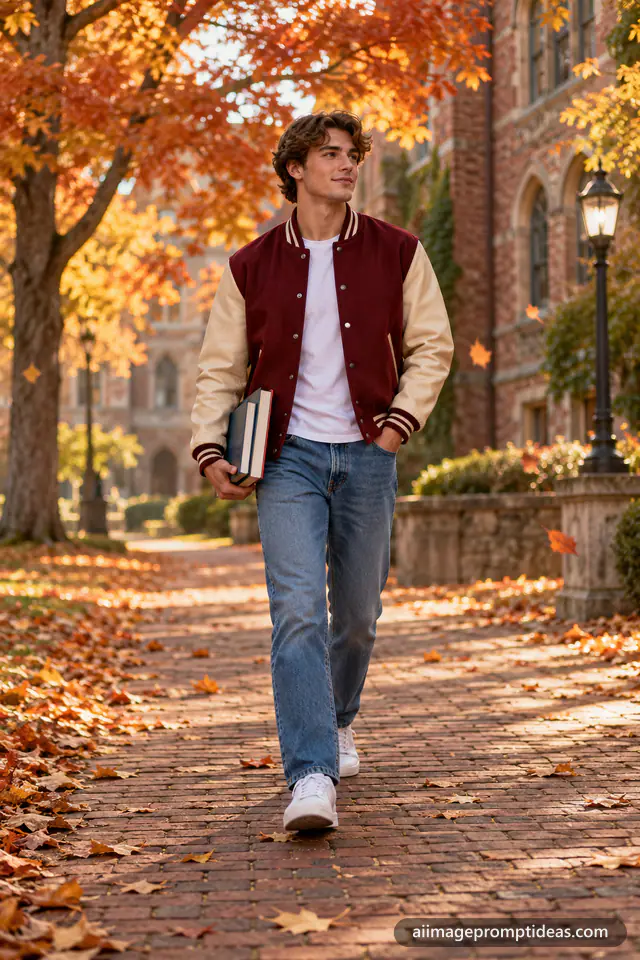 Young man in a maroon varsity jacket on an autumn college campus, AI generated