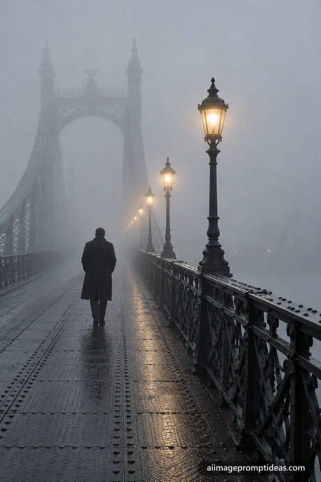 Lone man in a long coat walking across an old iron bridge into thick fog with glowing lamps, AI generated