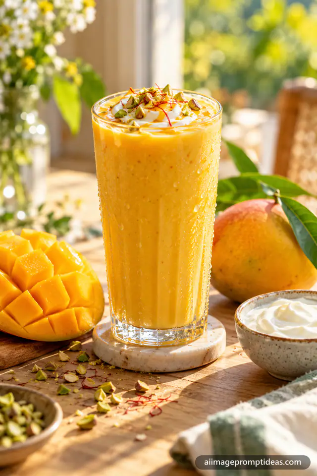 Tall glass of mango lassi with saffron and pistachio beside fresh cut mangoes in sunlight, AI generated