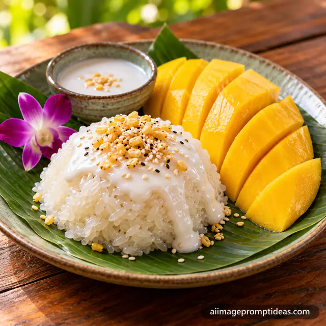 Thai mango sticky rice with coconut cream and fanned mango slices on a banana leaf plate, AI generated